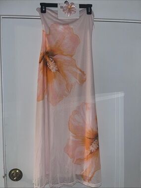 Women's Strapless Floral Maxi Dress in Soft Pink & Peach and floral hair clip